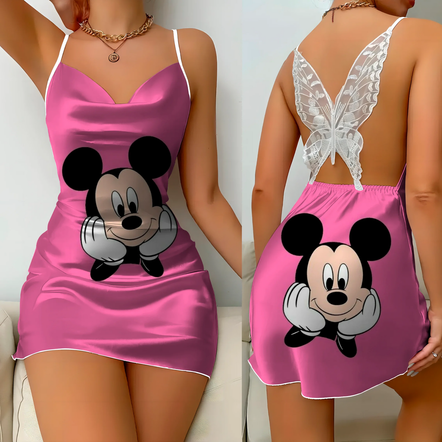 Satin mini dress with bow knot, featuring Minnie and Mickey designs