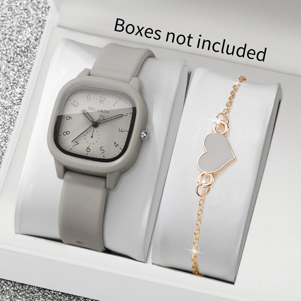 Fashion Arabic Dial Women's Quartz Watch & Heart Bracelet Set – 2PCS Square Silicone Wristwatch