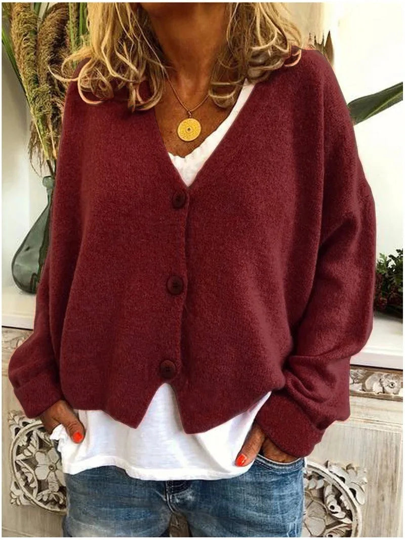 Women's V Neckline Button Down Knitwear Lantern Sleeve Basic Knit Cardigan Sweater Tops