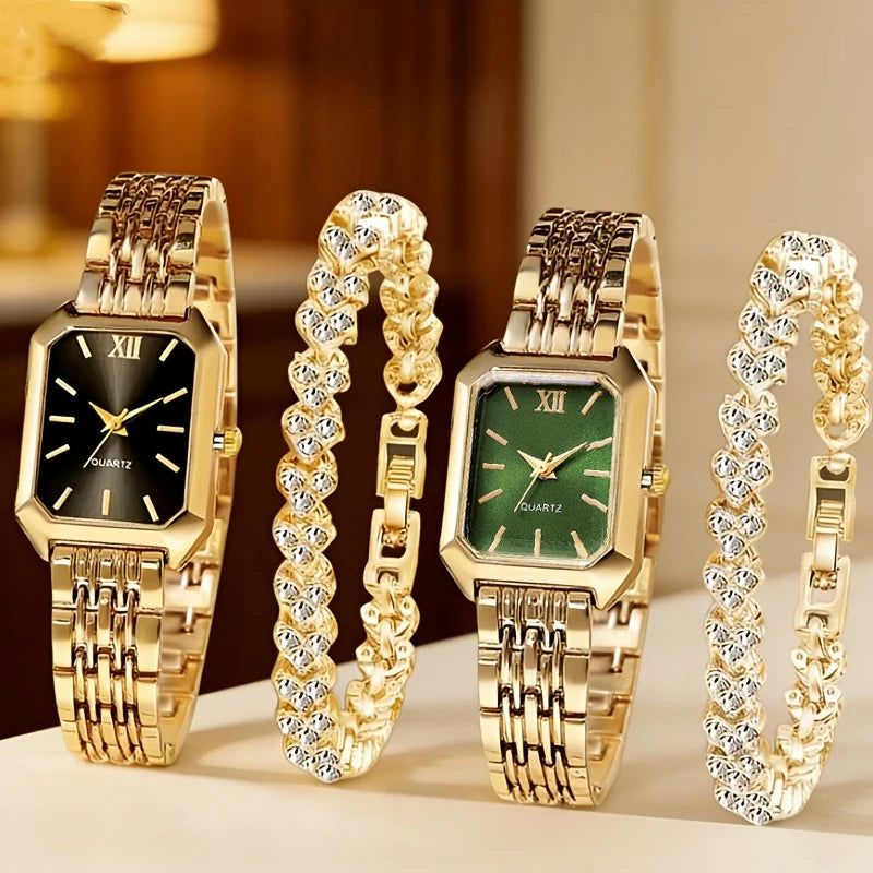 Elegant Rectangle Women's Quartz Watch & Heart Bracelet Set – 4PCS Ladies Wristwatch