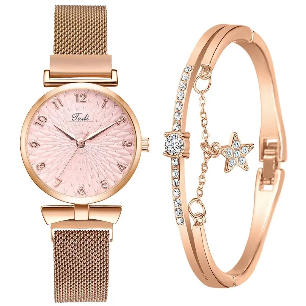 2PCS Set Women's Watch Set Trendy Pink Design Mesh Belt Alloy Wristwatch Fashionable Timepiece Quartz Watch Lady