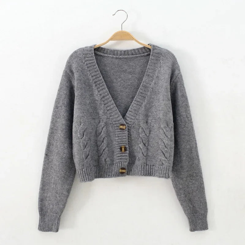 HELIAR V Neck Cropped Cardigan Women Long Sleeve Twist Knitted Sweater Coat Fall Winter Keep Warm Korean Fashion Jacket Cardigan