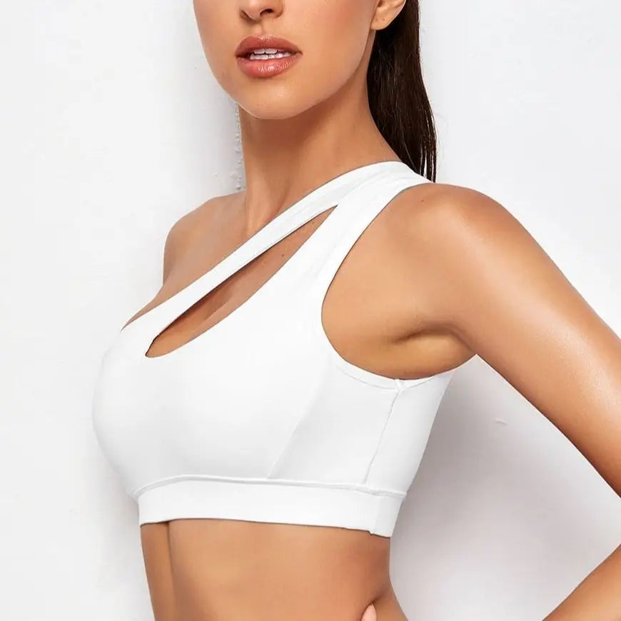 One-Shoulder Push-Up Sports Bra, Shockproof, for Yoga and Fitness. Black and White