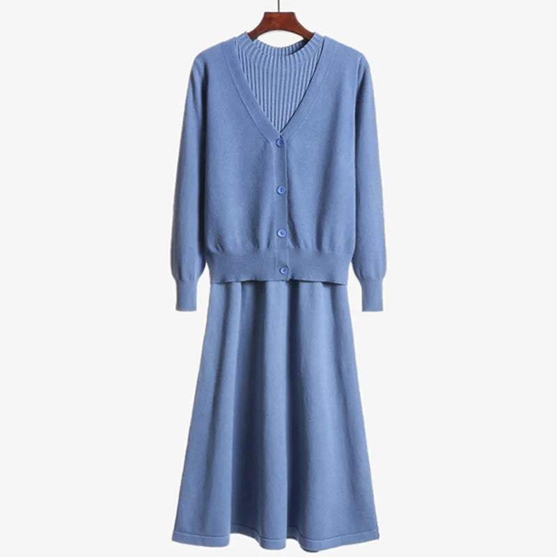 New Spring and Autumn Long-Sleeved V-Neck Two-Piece Sweater Dress Set with Loose Knit Cardigan for Women