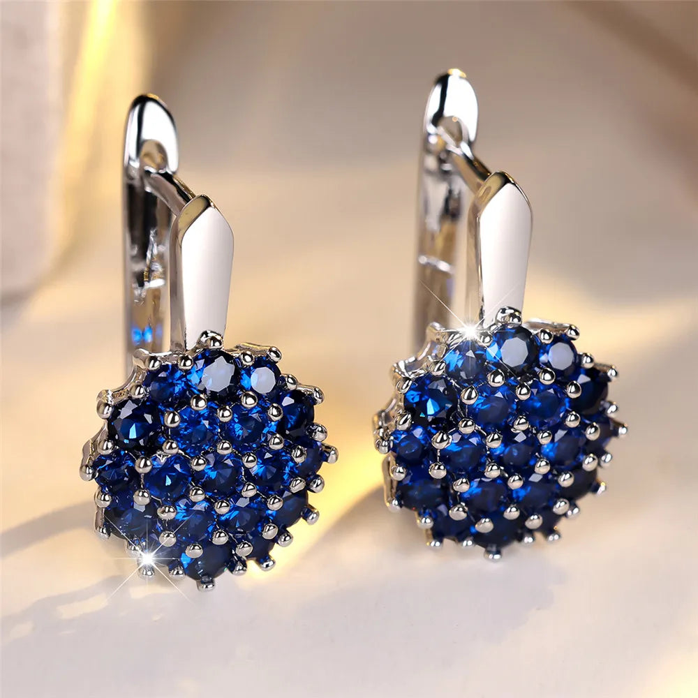 Cute Sunflower Blue Crystal Hoop Earrings for Women, Rose Gold/Silver Color, Wedding Jewelry