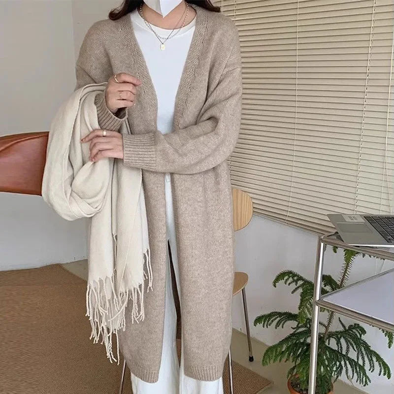 New minimalist and versatile autumn long knitted cardigan for women with a lazy style over the knee V-neck thick sweater jacket