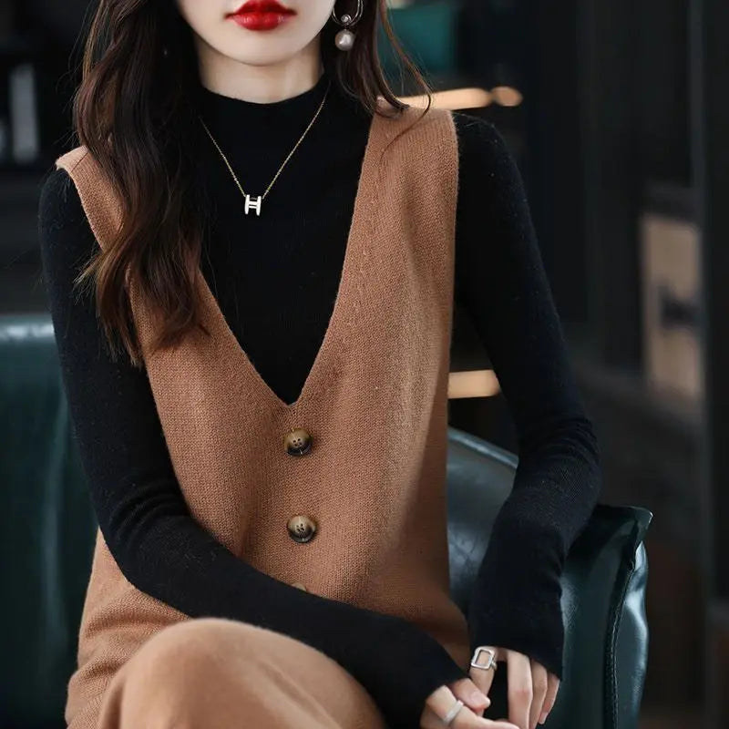 Pullover knitted vest skirt long V-neck casual loose sweater solid 2025 autumn and winter knitted sleeveless women vest sweater