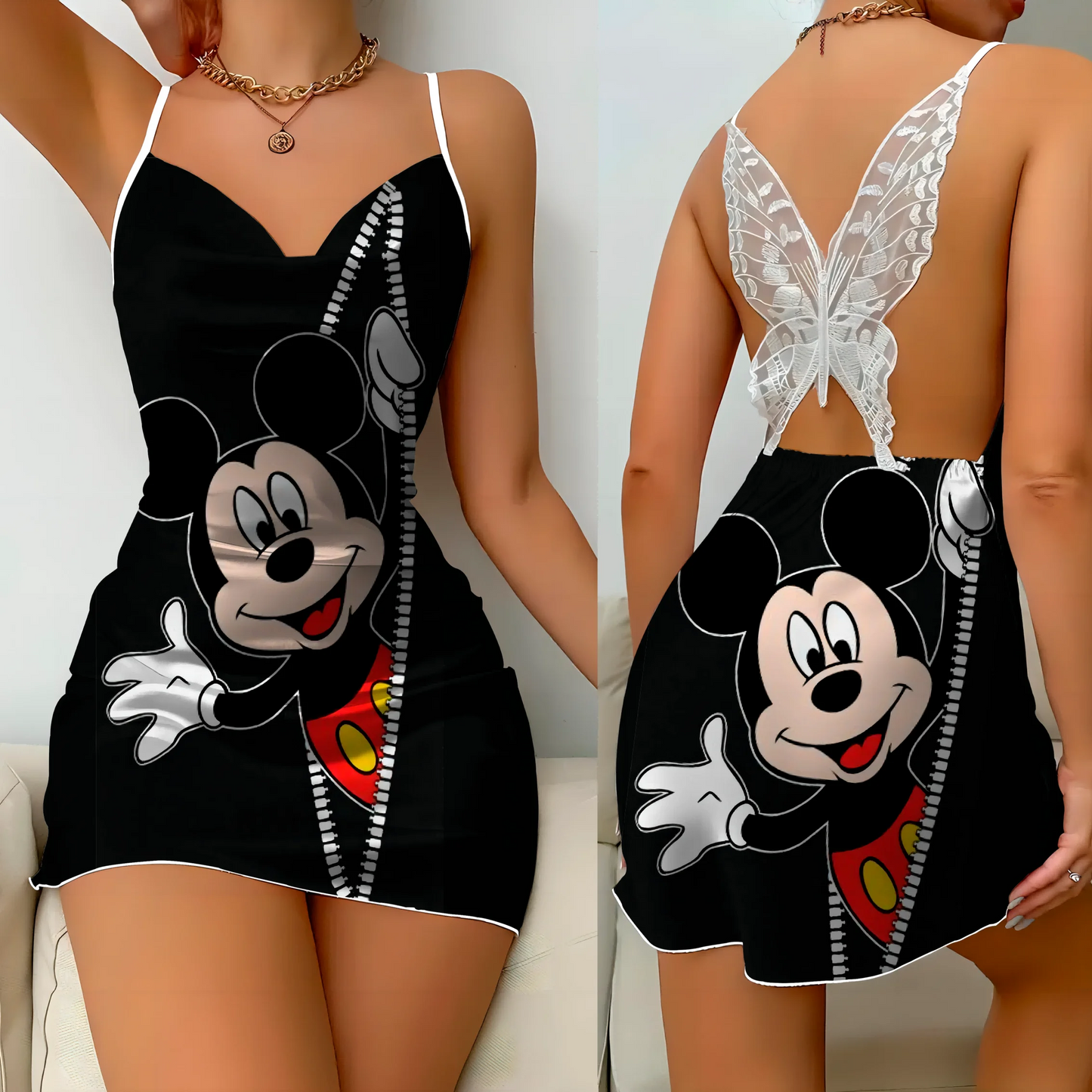 Satin mini dress with bow knot, featuring Minnie and Mickey designs