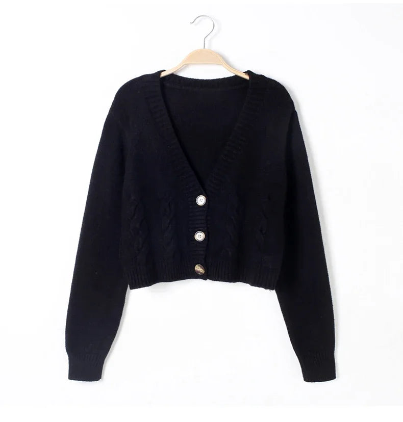 HELIAR V Neck Cropped Cardigan Women Long Sleeve Twist Knitted Sweater Coat Fall Winter Keep Warm Korean Fashion Jacket Cardigan