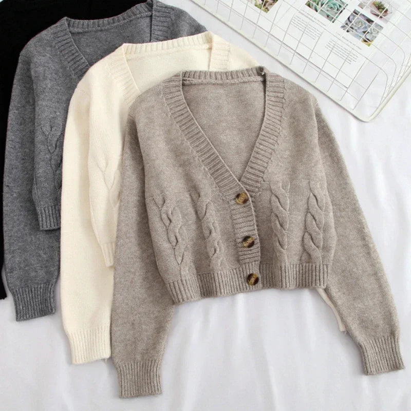 HELIAR V Neck Cropped Cardigan Women Long Sleeve Twist Knitted Sweater Coat Fall Winter Keep Warm Korean Fashion Jacket Cardigan