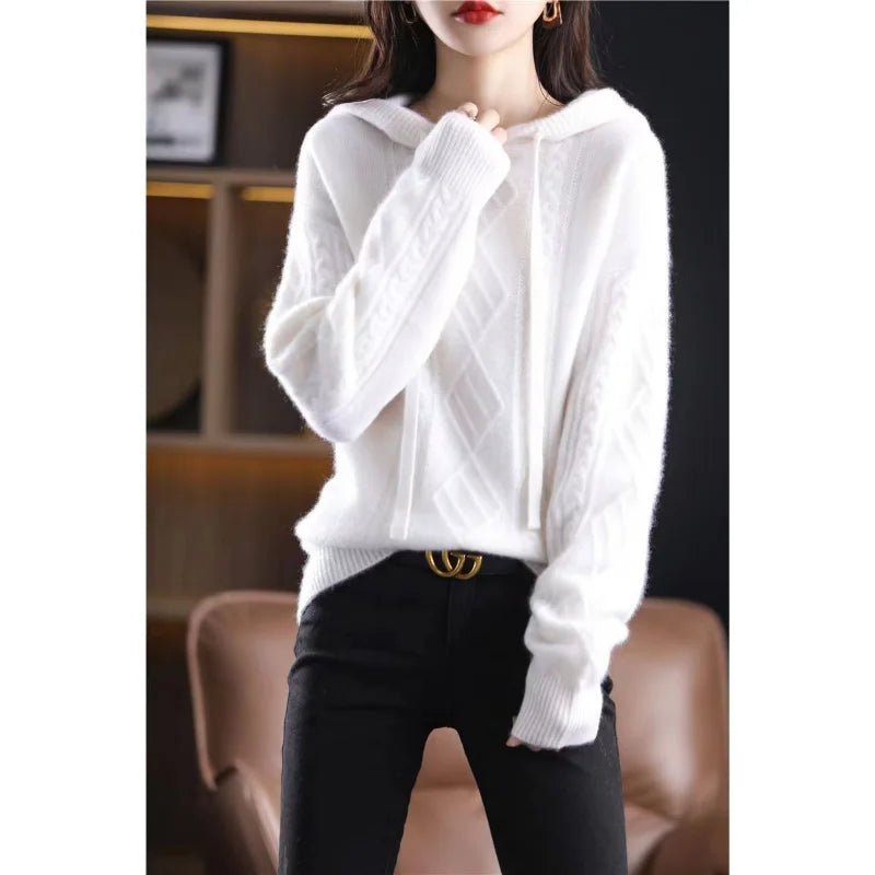 Pullover autumn and winter 2025 hooded knitwear fried dough twist sweater long sleeve women loose pullover knitting sweater