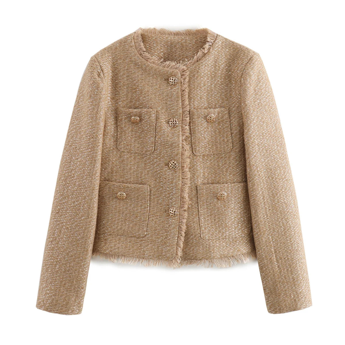 Chic Female Tweed Jacket Coat, Woolen Outerwear, Long Sleeve, Front Button