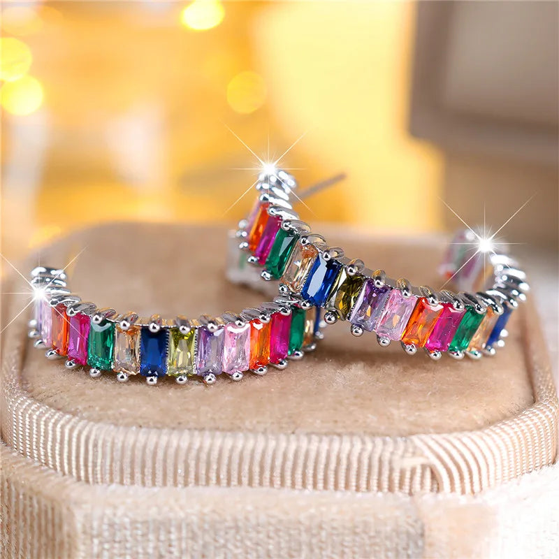 Luxury Rainbow Zircon Clip Earrings for Women,