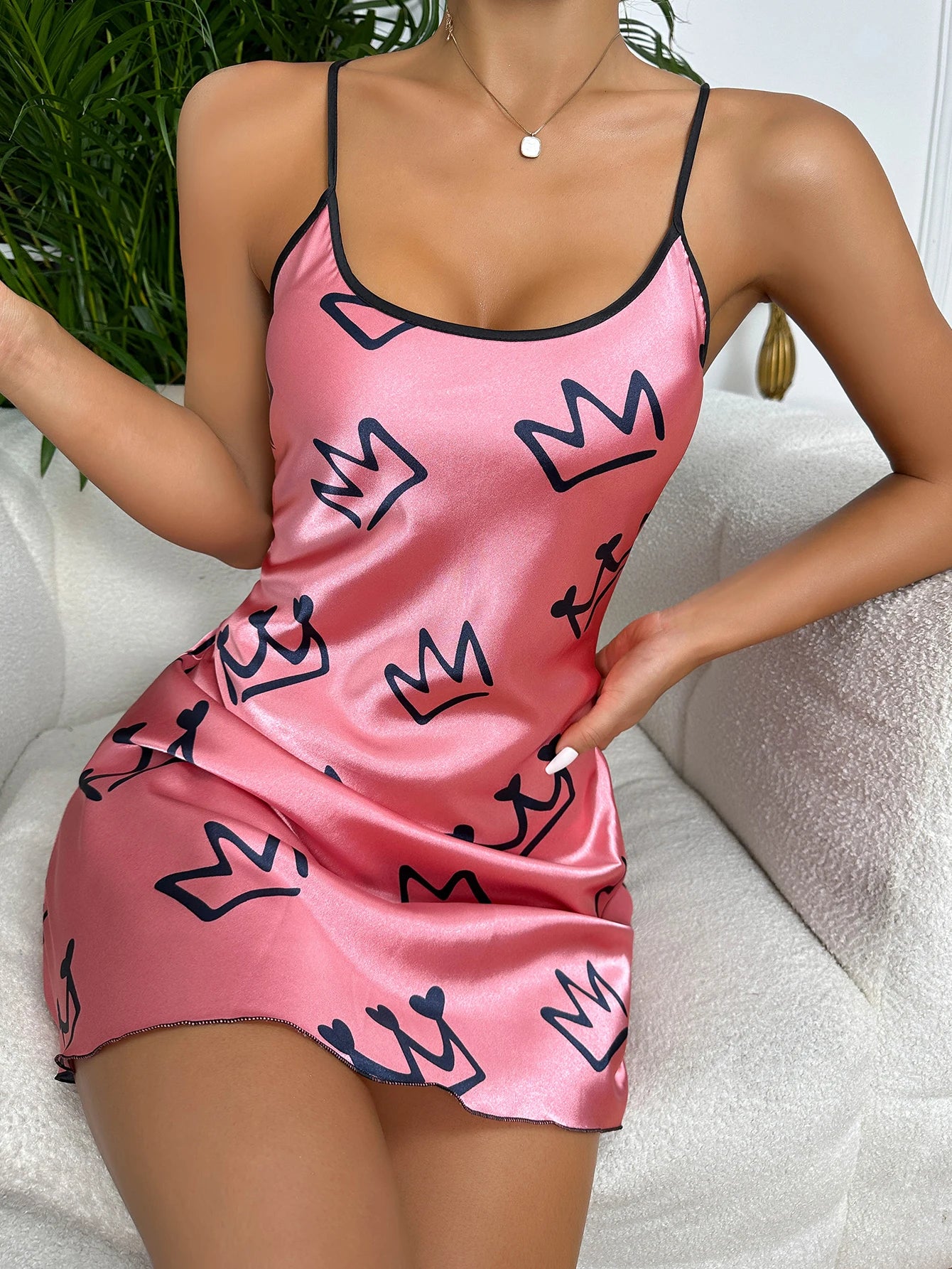 Heart Print Nightdress Elegant Scoop Neck Criss Cross Back Sleep Dress Women's Sleepwear