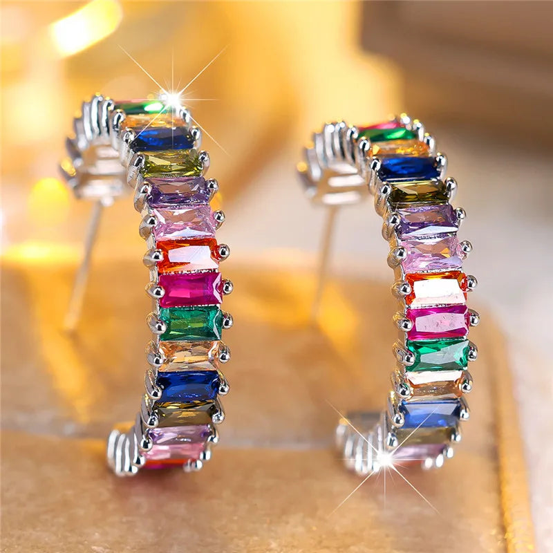Luxury Rainbow Zircon Clip Earrings for Women,