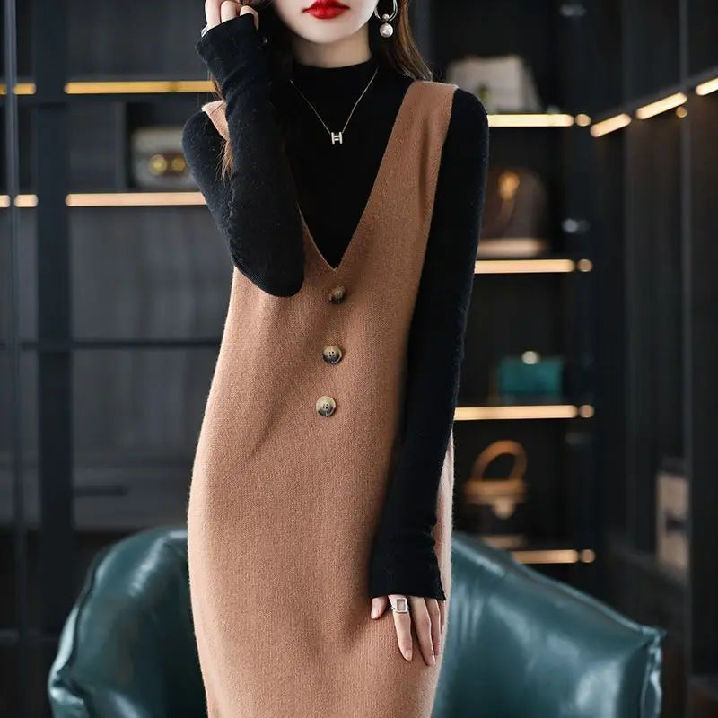 Pullover knitted vest skirt long V-neck casual loose sweater solid 2025 autumn and winter knitted sleeveless women vest sweater