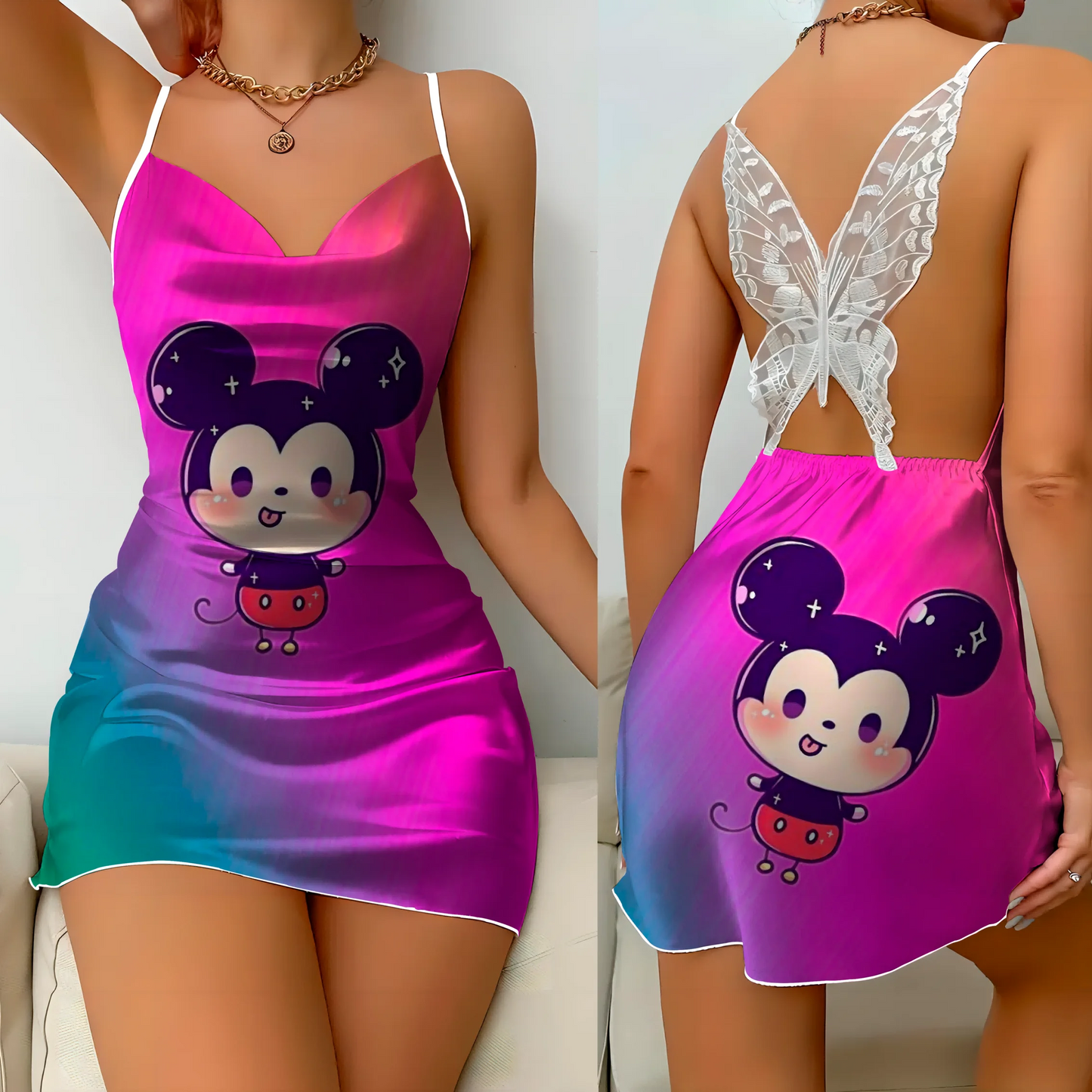 Satin mini dress with bow knot, featuring Minnie and Mickey designs