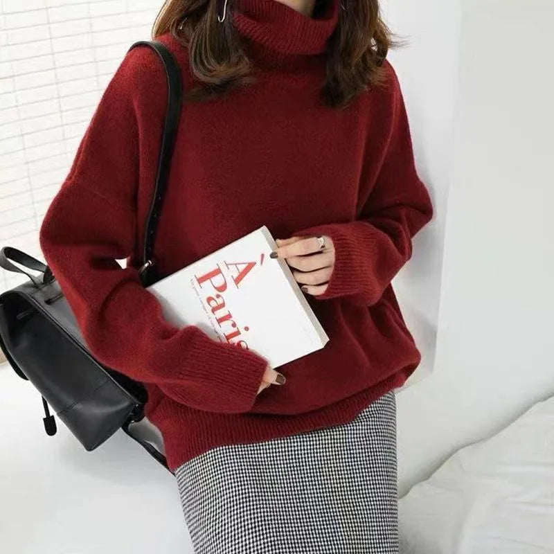 High necked sweater women thick and loose fitting French top knitted bottom sweater autumn and winter
