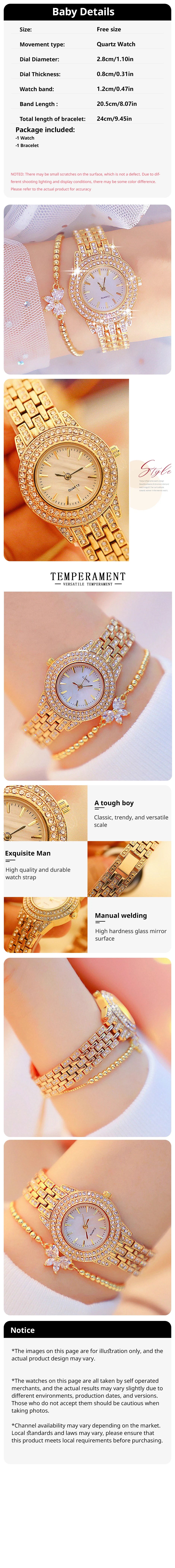 2pcs Diamond-Studded Quartz Bracelet Watch Set for Women