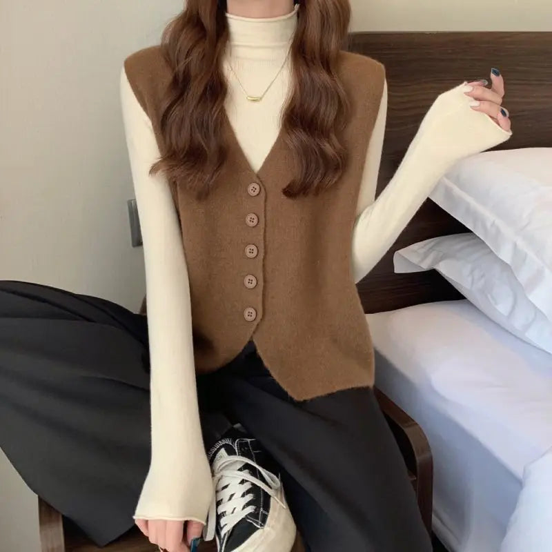 Autumn/Winter Little Fragrant Sweater Knitted Vest Women Sleeveless Overlapping Small Cuff Sweater Vest