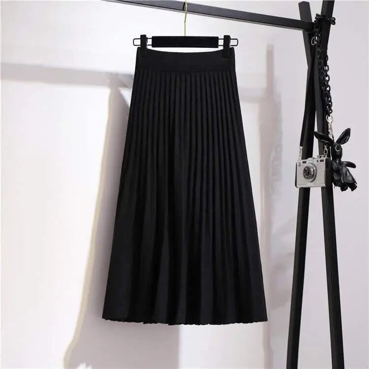 Knitted skirt women mid-length spring and autumn new 2025 elastic high waist thin a-line wool solid pleated long skirt female