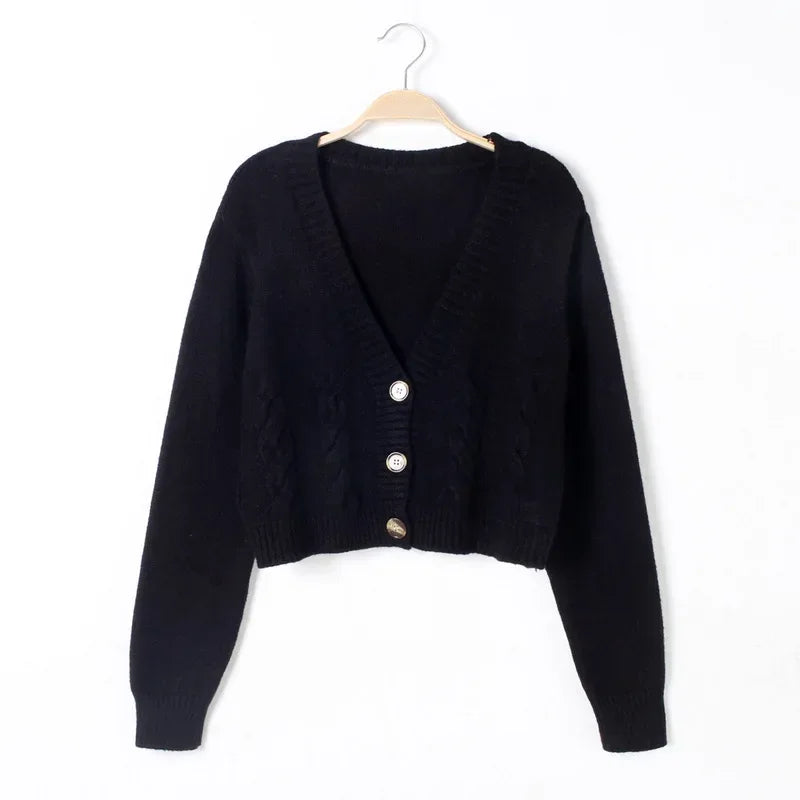 HELIAR V Neck Cropped Cardigan Women Long Sleeve Twist Knitted Sweater Coat Fall Winter Keep Warm Korean Fashion Jacket Cardigan