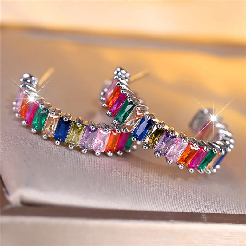 Luxury Rainbow Zircon Clip Earrings for Women,