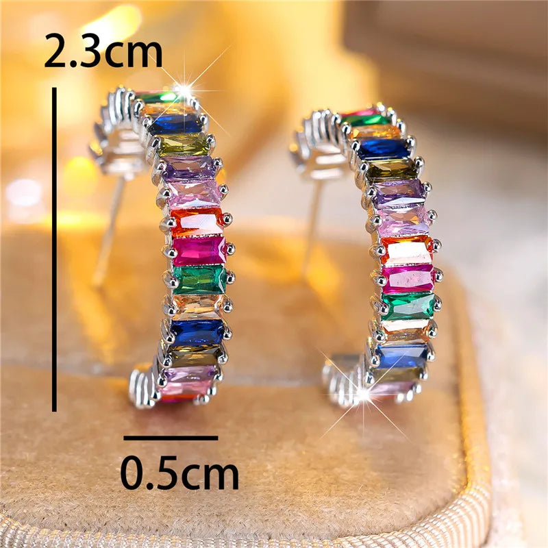 Luxury Rainbow Zircon Clip Earrings for Women,