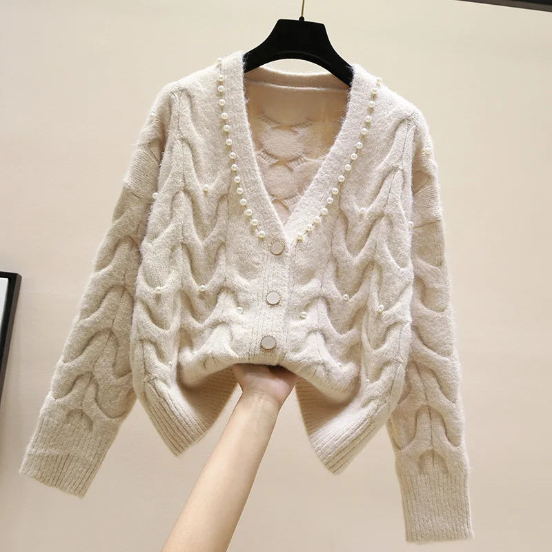 Women's Spring Beaded V-Neck Knitted Cardigan - All-Match Fashion Outerwear"