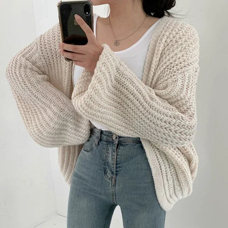Women Vintage Harajuku Lantern Sleeve Cardigan Sweater Casual Korean Fall Streetwear Tops Coat Chic Lazy Wind Y2k Sweater