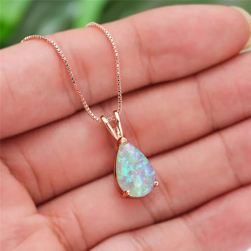 Boho White Opal Teardrop Necklace – Rose Gold