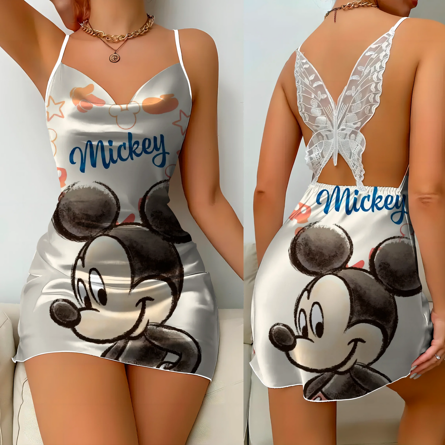 Satin mini dress with bow knot, featuring Minnie and Mickey designs