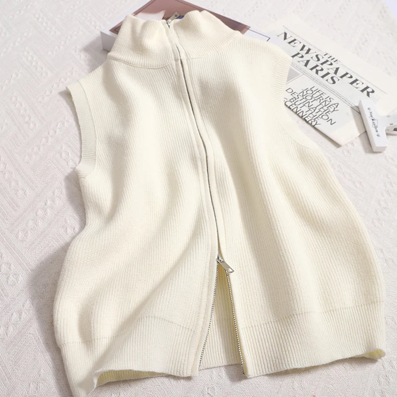 Zipper Knitted Sleeveless Fashion Cardigan Tank Top Women Y2K Waistcoat Top Solid High Street Crop Top Spring Summer