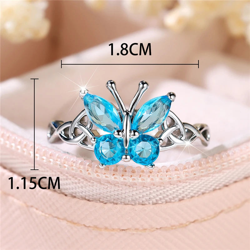 Luxury Blue Zircon Butterfly Engagement Ring for Women