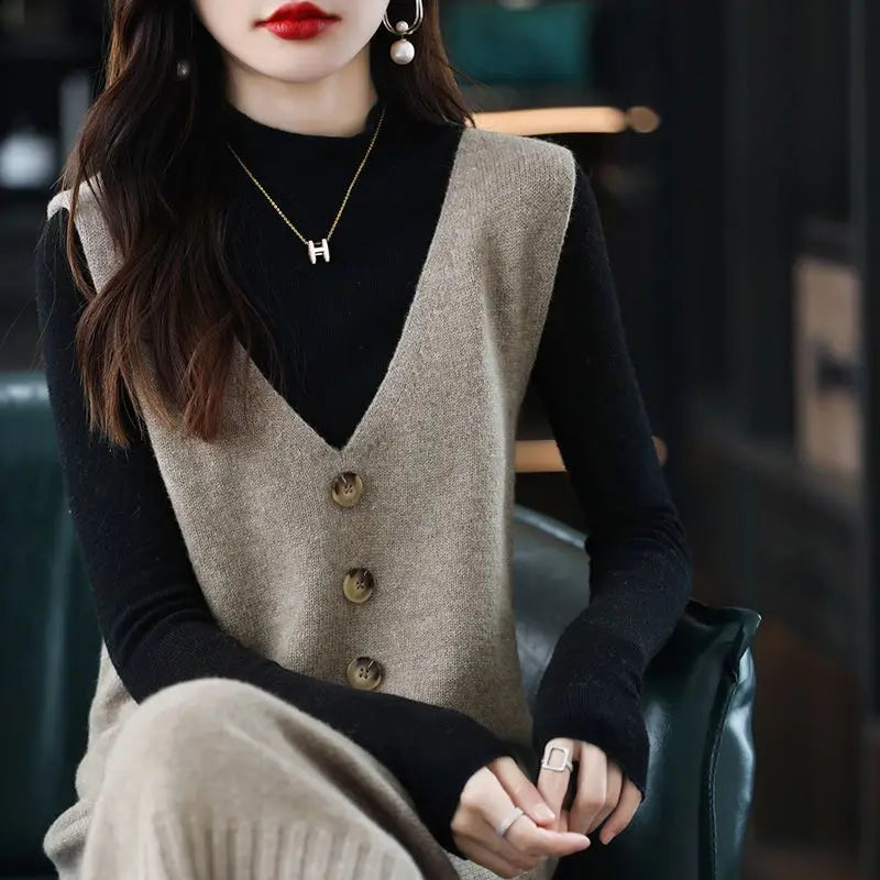 Pullover knitted vest skirt long V-neck casual loose sweater solid 2025 autumn and winter knitted sleeveless women vest sweater