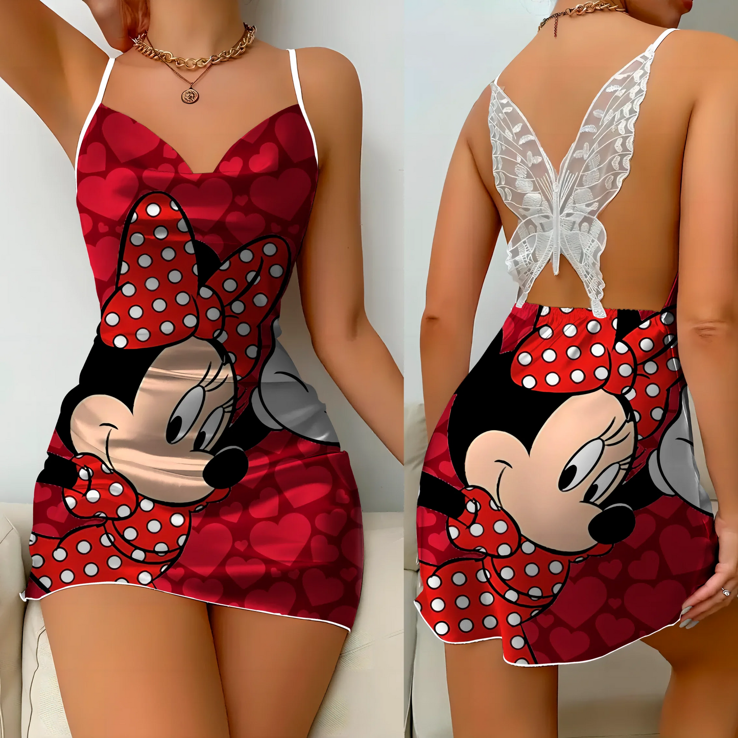 Satin mini dress with bow knot, featuring Minnie and Mickey designs