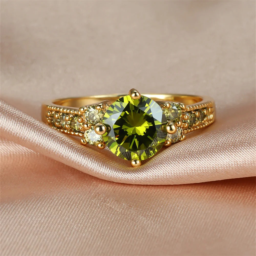 Olive Green Crystal Round Stone Wedding Rings For Women