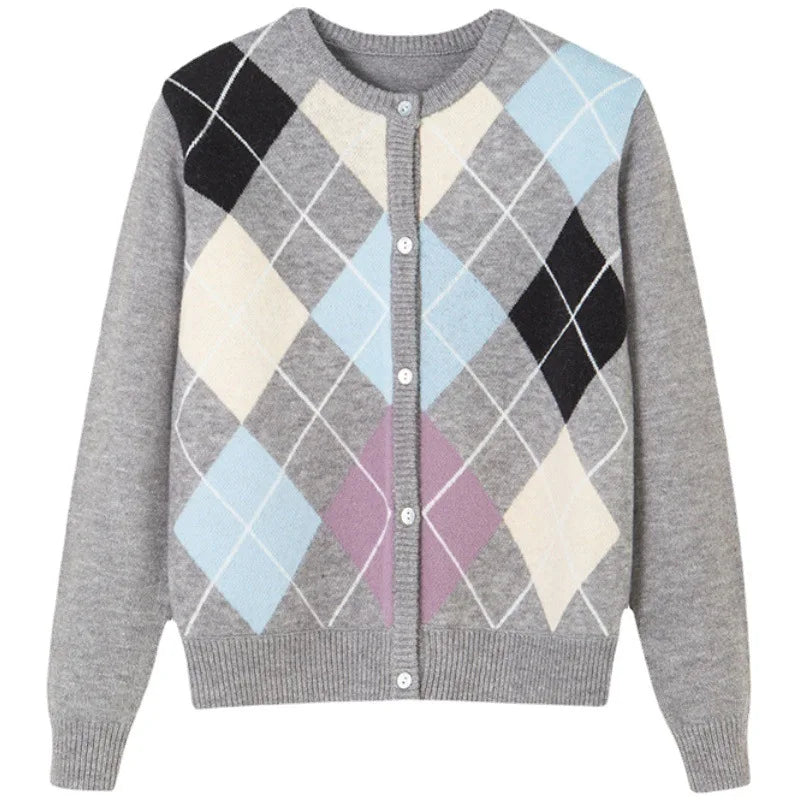 Autumn/Winter Ladies' Knitted Cardigan: Loose Fit, Korean Retro Plaid Sweater"
