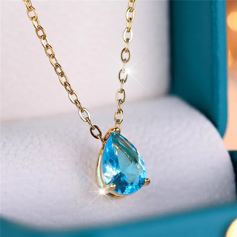 Luxury Blue Water Drop Stone Pendant Necklace for Women,