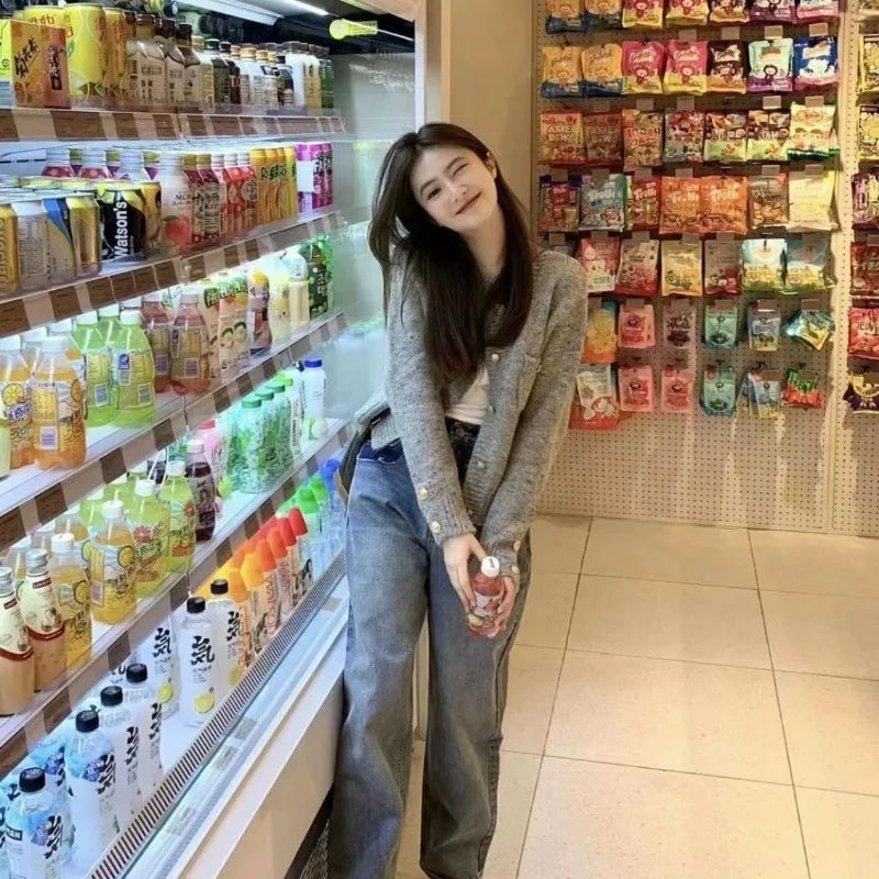 Autumn and Winter New Versatile Gray Coat Knitted Cardigan Loose Style High Grade Sweater for Women