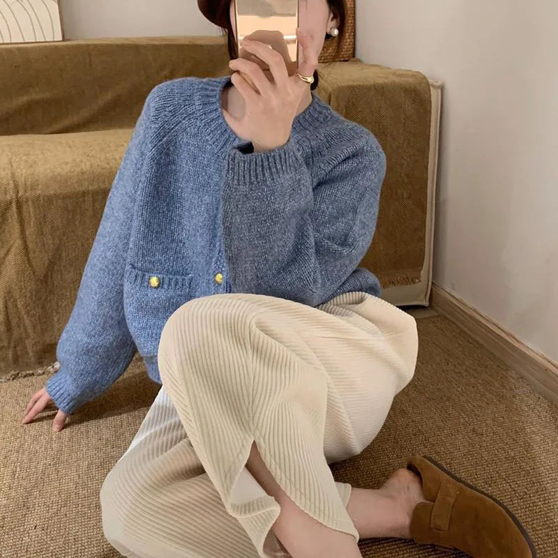 Gold Button Sweater Cardigan - Versatile Winter Top for Women
