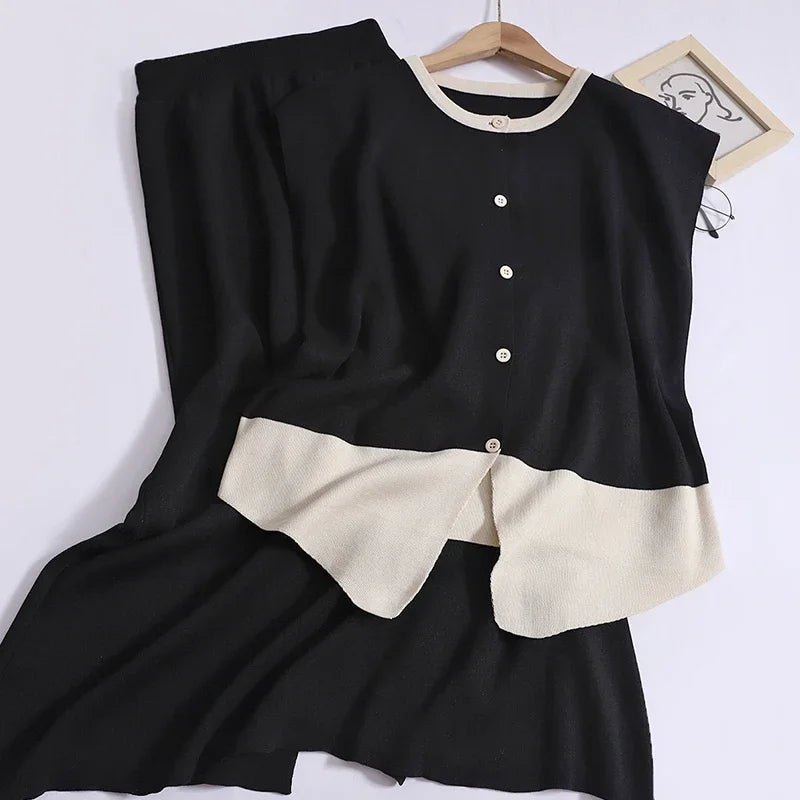 Elegant Office Two-Piece Knitted Set - Sleeveless Button Top & High-Waist Split Skirt