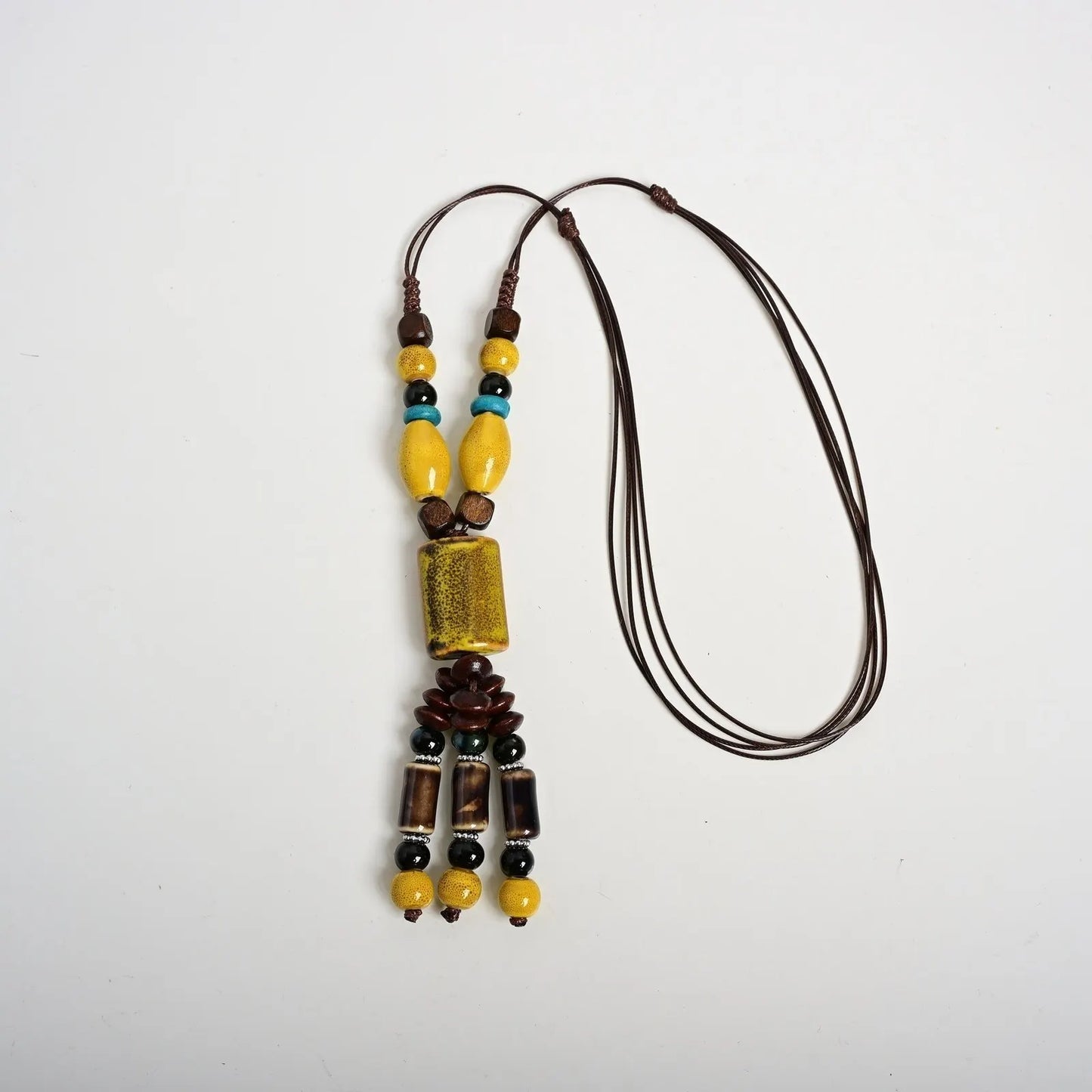 Handmade Ceramic Beaded Pendant Necklace – Adjustable Wax Cord Artisan Jewelry Gift for Women