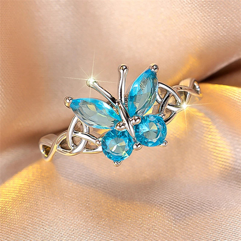 Luxury Blue Zircon Butterfly Engagement Ring for Women