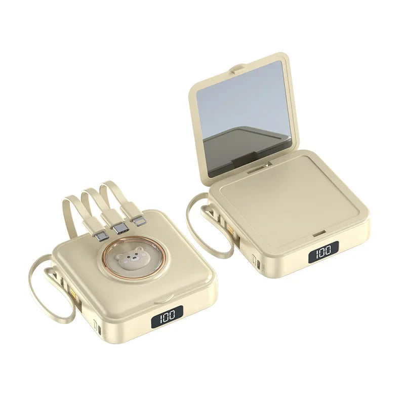 Mini Power Bank 20000mAh Portable Charger with Built-in 4 Cables Makeup Mirror Cute Pet Cartoon External Battery