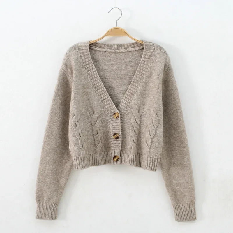 HELIAR V Neck Cropped Cardigan Women Long Sleeve Twist Knitted Sweater Coat Fall Winter Keep Warm Korean Fashion Jacket Cardigan