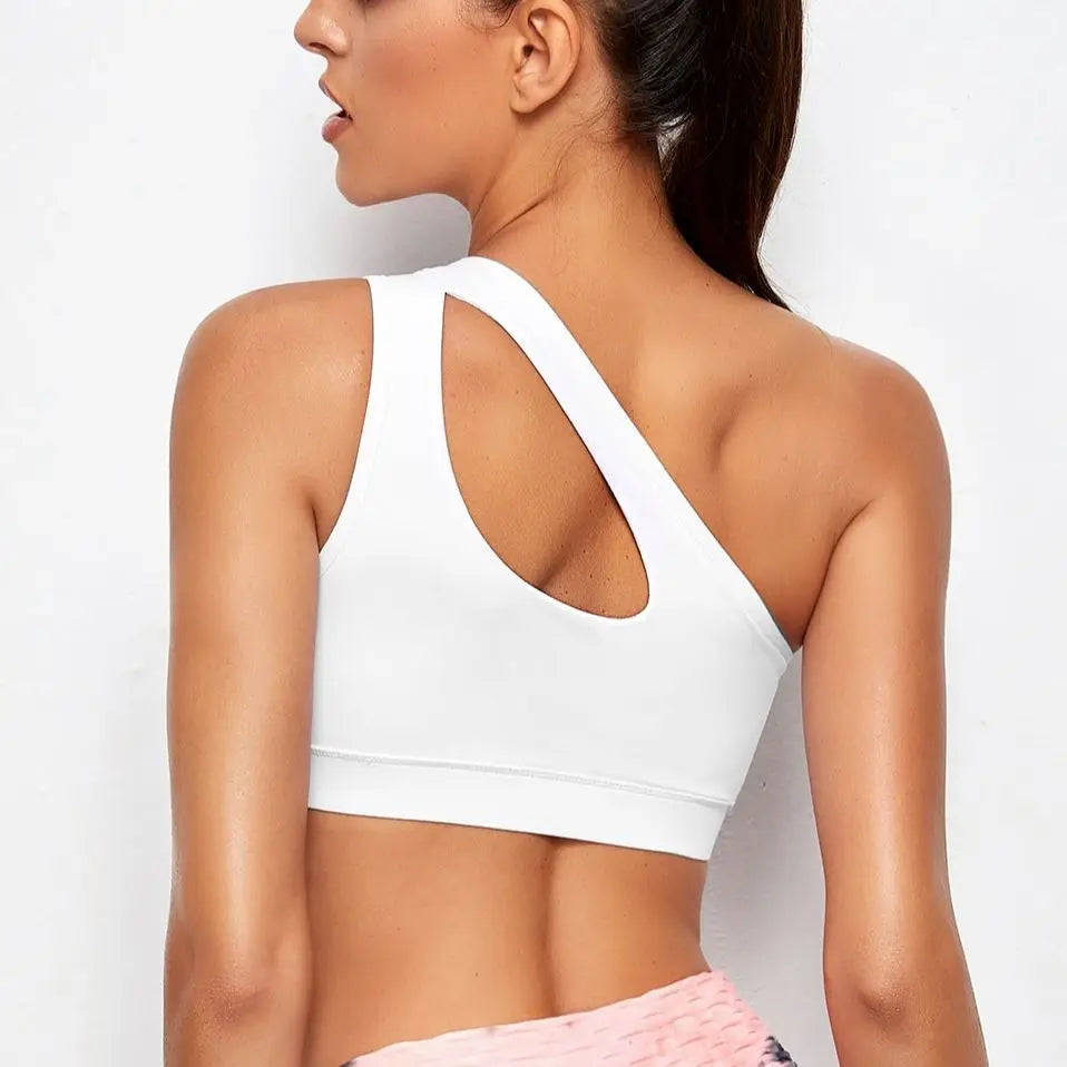 One-Shoulder Push-Up Sports Bra, Shockproof, for Yoga and Fitness. Black and White