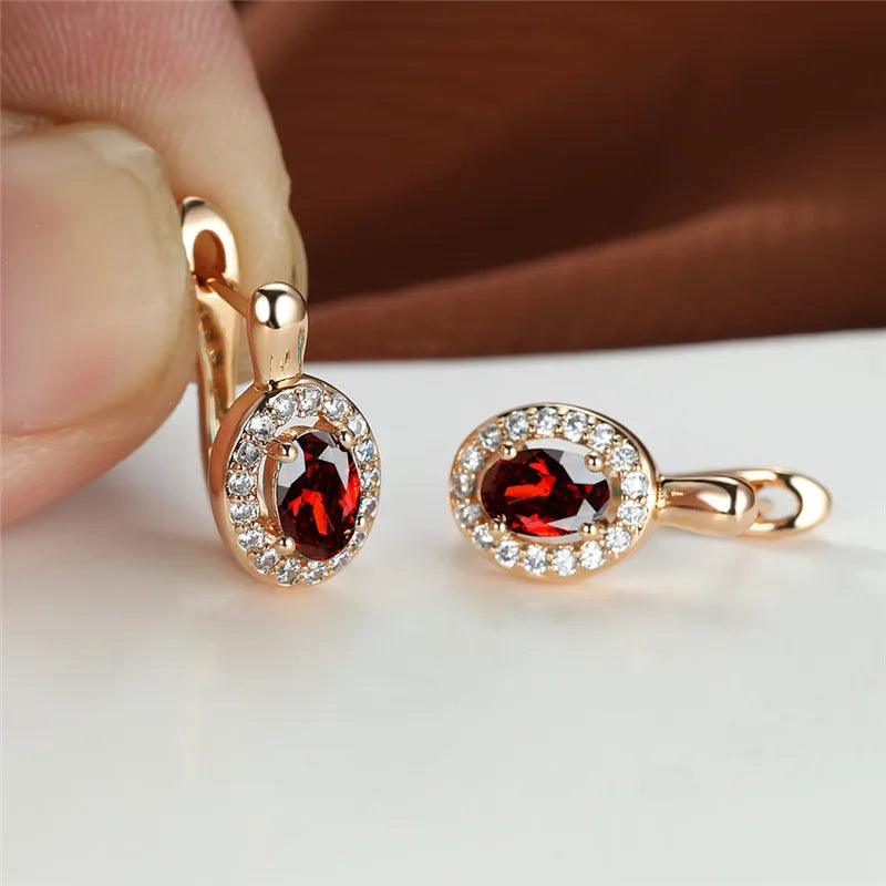 Cute Rose Gold Color Crystal Blue Stone Earrings for Women, Dainty Oval Zircon