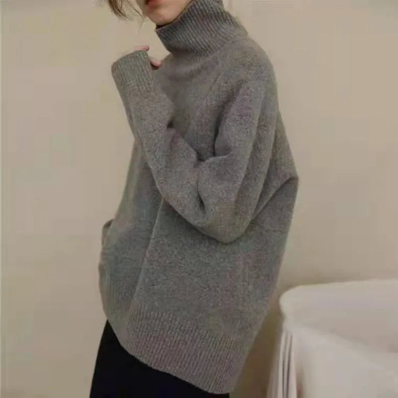High necked sweater women thick and loose fitting French top knitted bottom sweater autumn and winter