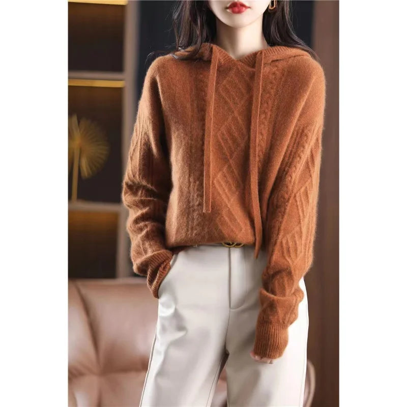 Pullover autumn and winter 2025 hooded knitwear fried dough twist sweater long sleeve women loose pullover knitting sweater